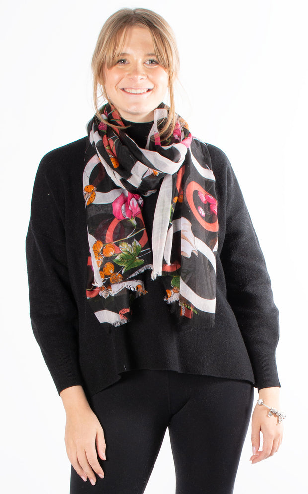 Floral And Circle Print Scarf | Black