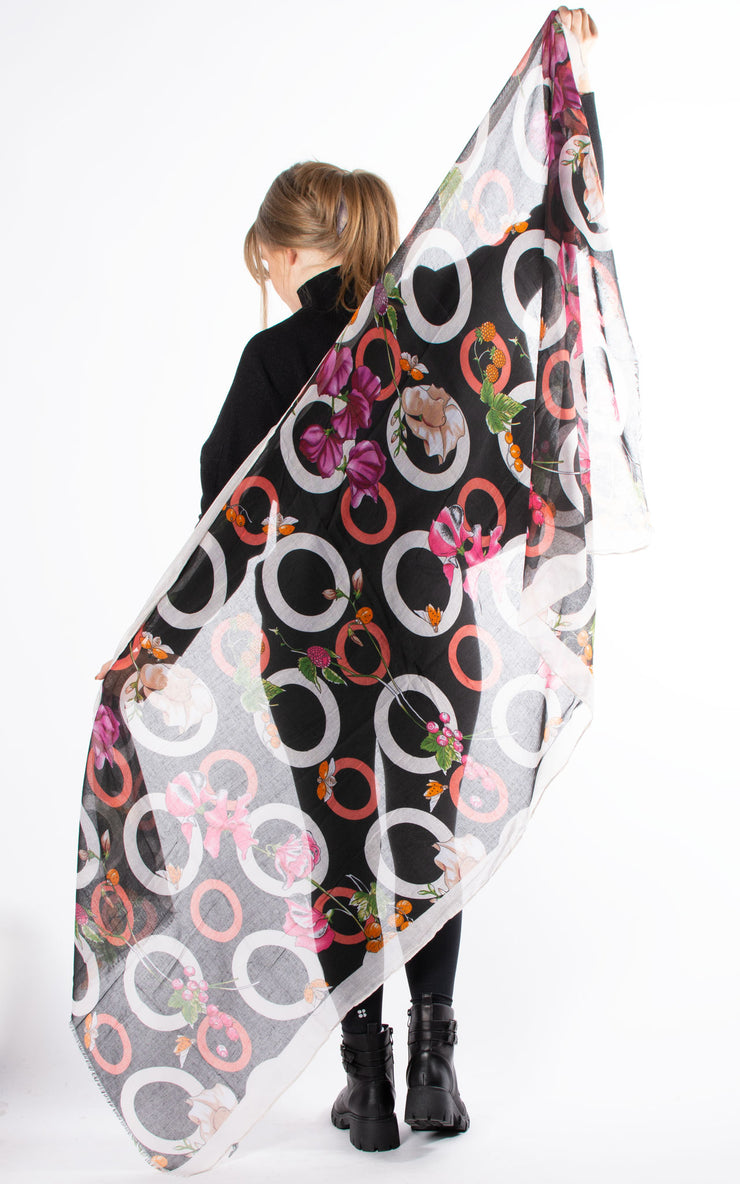 Floral And Circle Print Scarf | Black