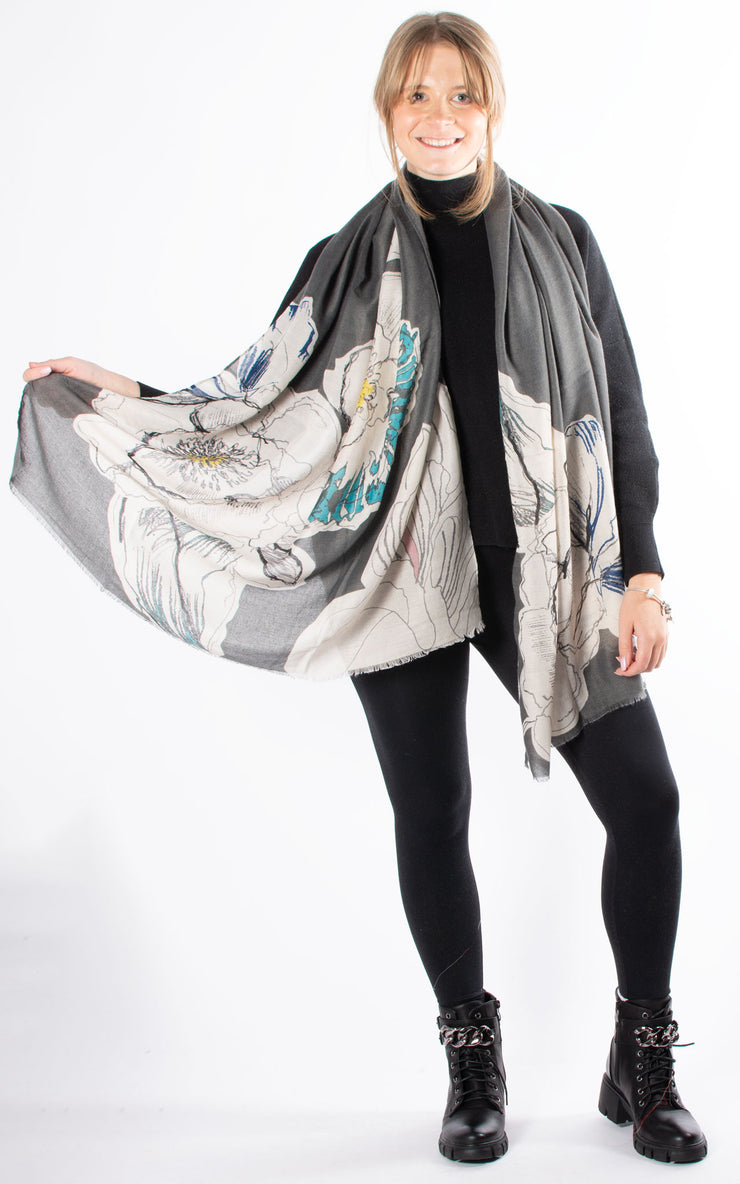 Floral Sketch Pashmina | Grey