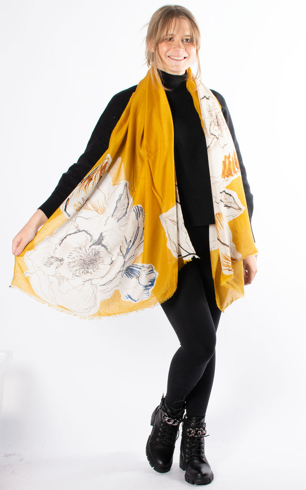 Floral Sketch Pashmina | Mustard