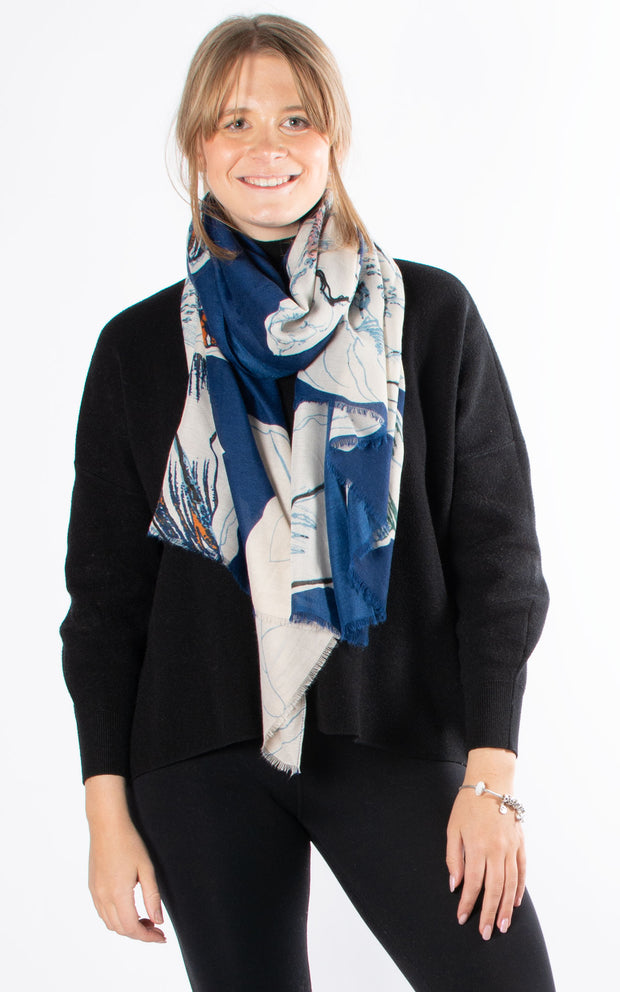 Floral Sketch Pashmina | Navy