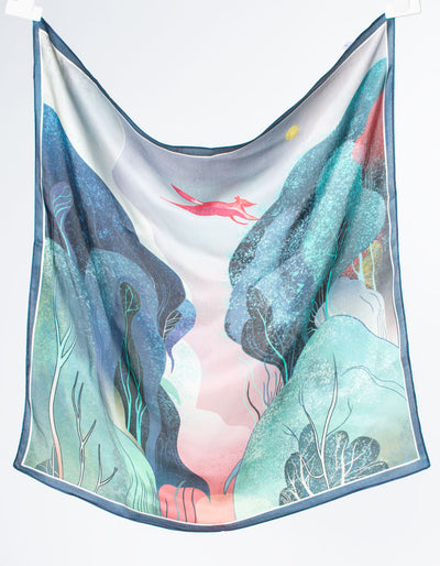 Green & Blue Forest Fox Square Silk Scarf