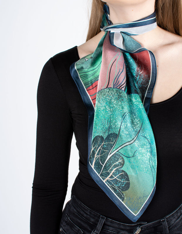 Green & Blue Forest Fox Square Silk Scarf