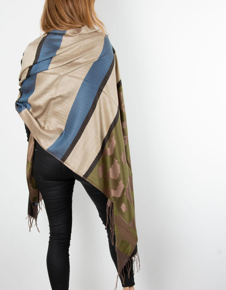 Large Animal Print Pashmina Khaki, Gold & Teal