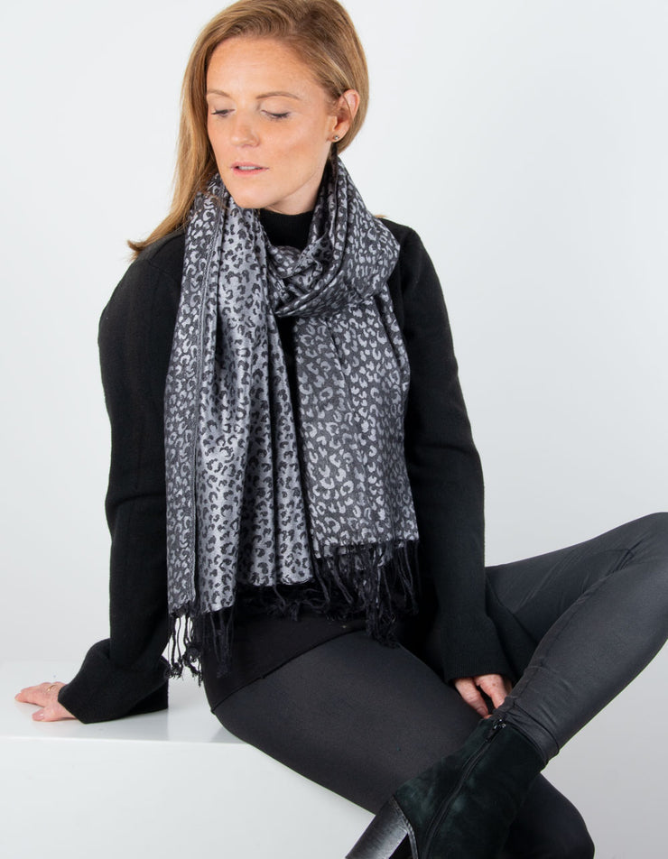 Image showing a Leopard Print Pattern Pashmina Black And Silver