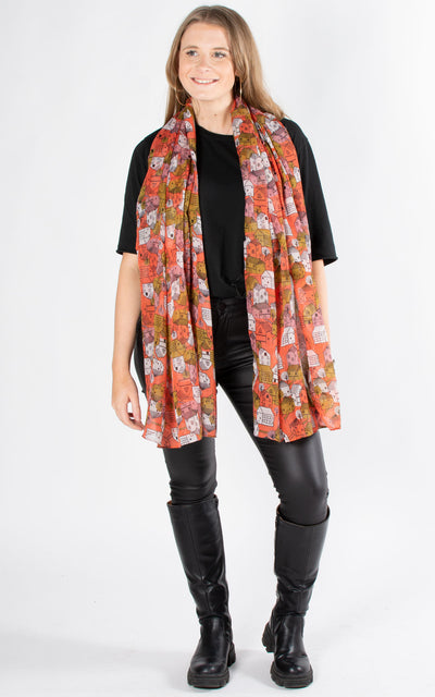 Little Town Print Scarf | Coral & Green