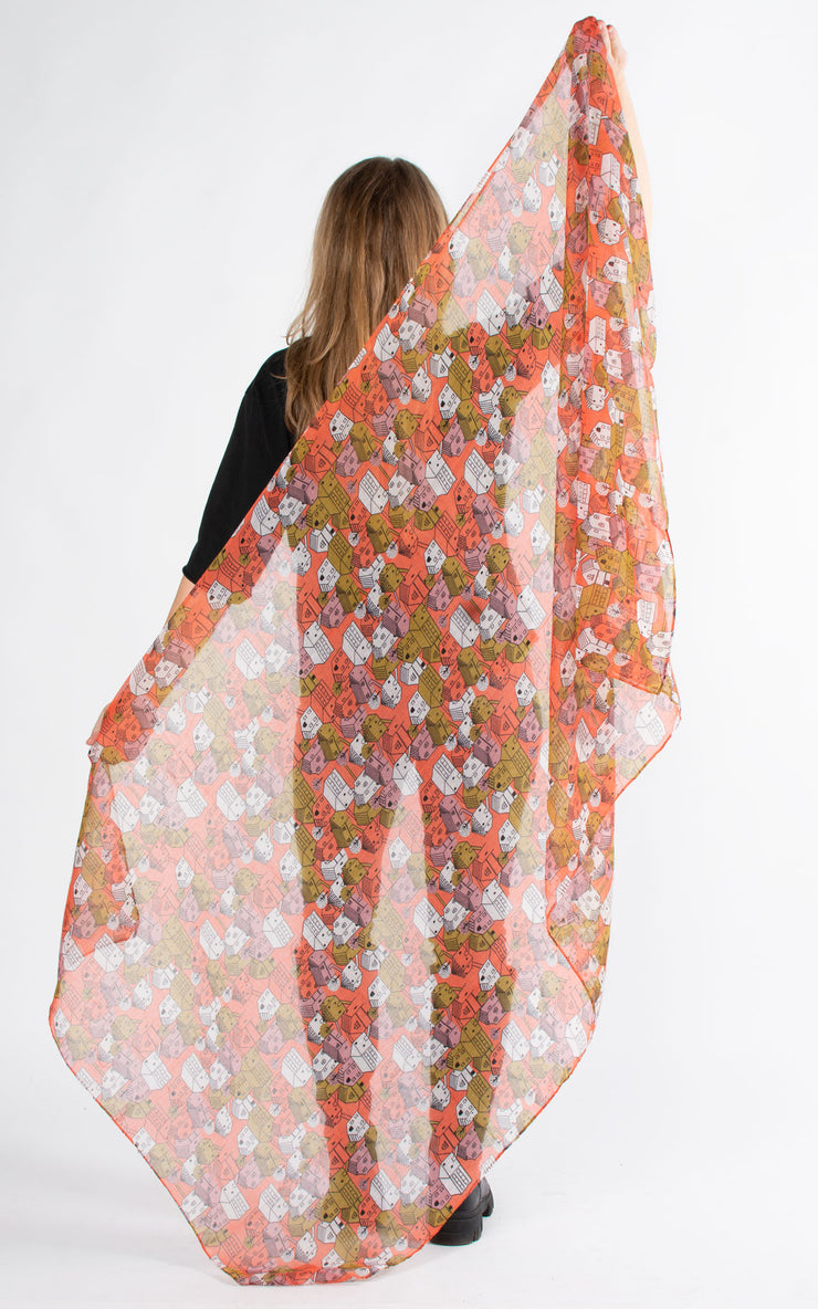 Little Town Print Scarf | Coral & Green