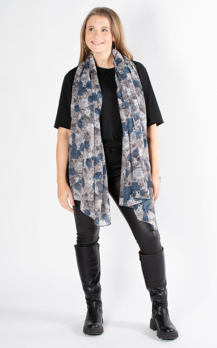 Little Town Print Scarf | Grey & Blue