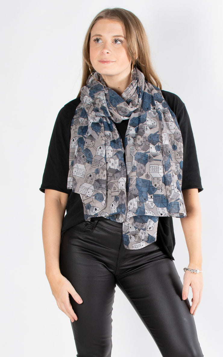 Little Town Print Scarf | Grey & Blue
