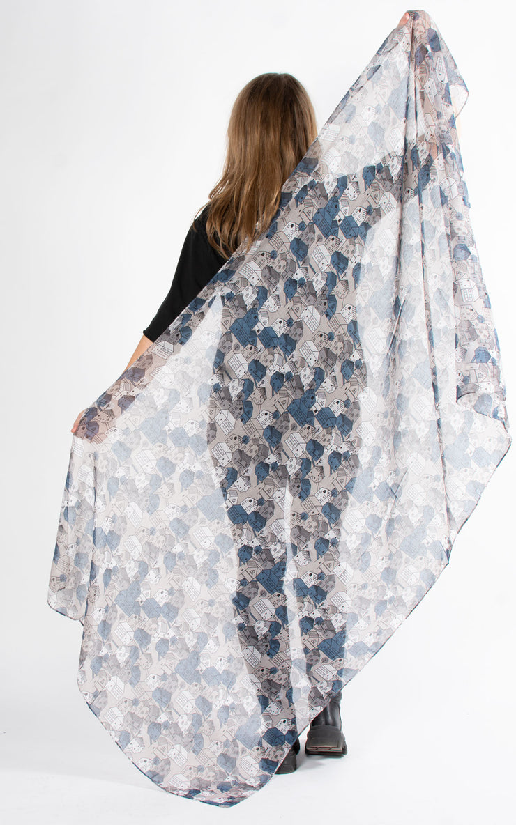 Little Town Print Scarf | Grey & Blue
