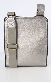 An image showing a metallic grey messenger bag.