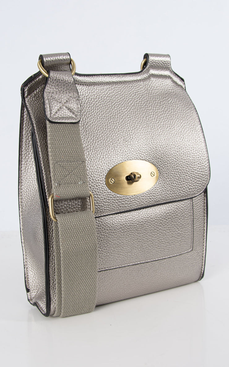 An image showing a metallic grey messenger bag.