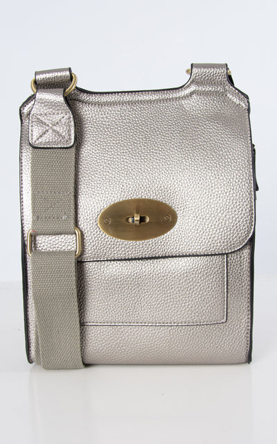 An image showing a metallic grey messenger bag.