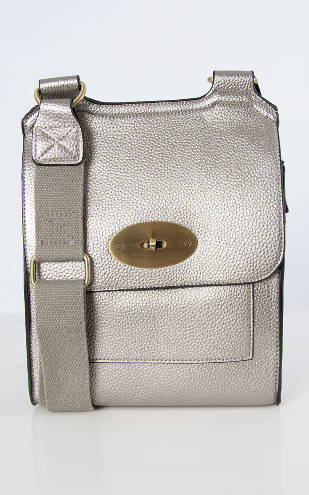 An image showing a metallic grey messenger bag.