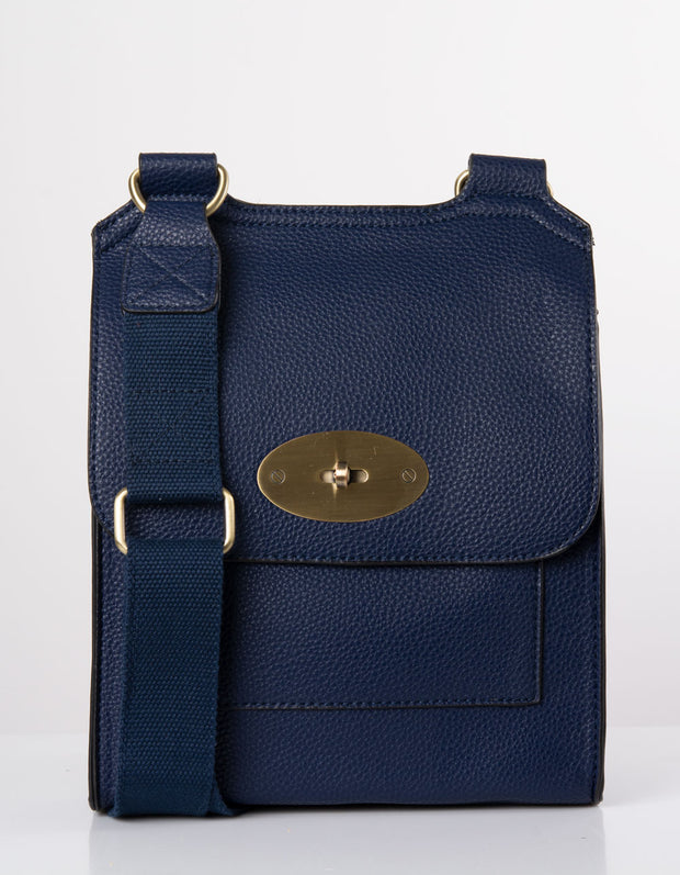 An image showing a navy coloured messenger bag.