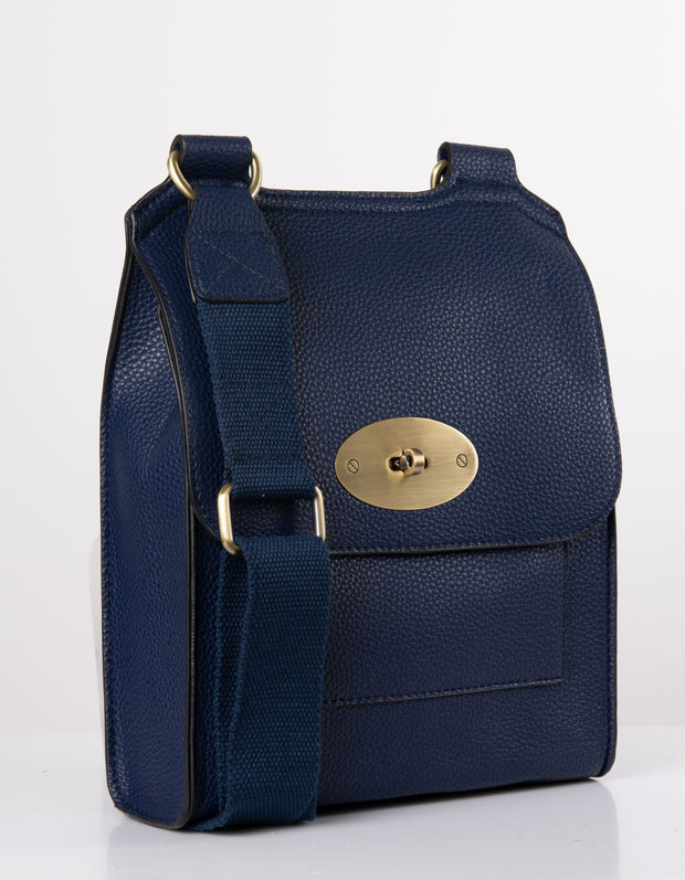 An image showing a navy coloured messenger bag.