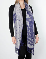 Navy And Silver Feather Print Patterned Pashmina