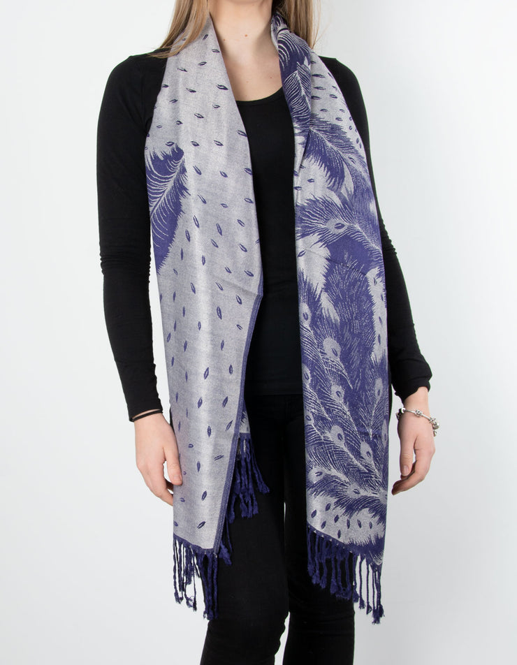 Navy And Silver Feather Print Patterned Pashmina