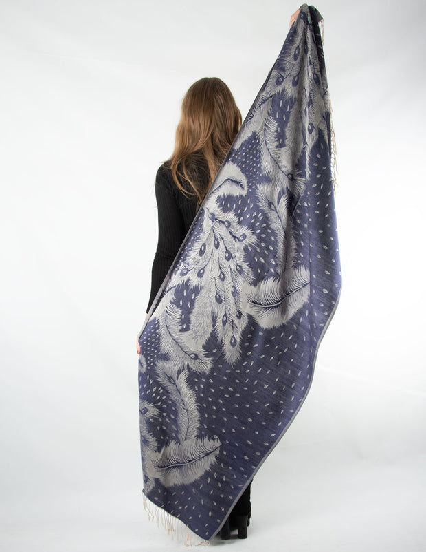 Navy And Silver Feather Print Patterned Pashmina