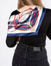 Navy & Red Chain Print Square Silk Scarf