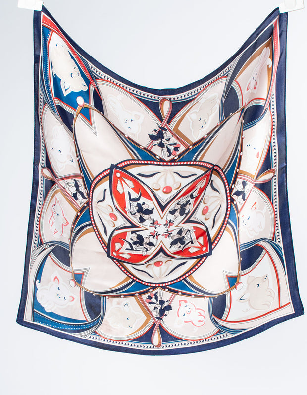 Navy & Red Piglet Square Silk Scarf