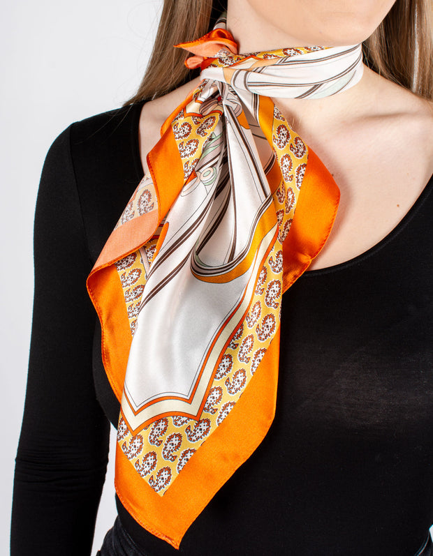 Orange Coach Print Square Silk Scarf