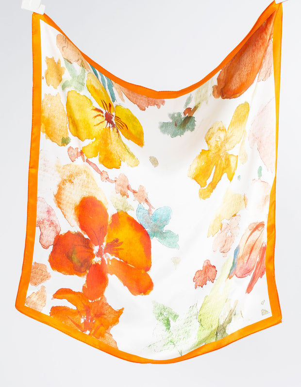 Orange Watercolour Flowers Square Silk Scarf