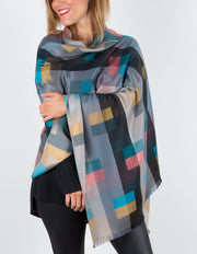 Patterned Pashmina with a Geometric Pattern in Golds, Blues and Pinks