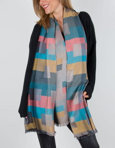 Patterned Pashmina with a Geometric Pattern in Golds, Blues and Pinks