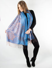 Patterned Pashmina Large Flower Details Blue And Rose Gold