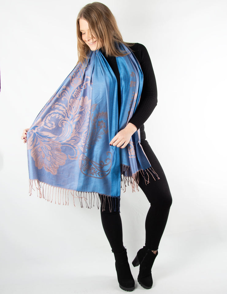 Patterned Pashmina Large Flower Details Blue And Rose Gold