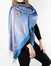 Patterned Pashmina Large Flower Details Blue And Rose Gold