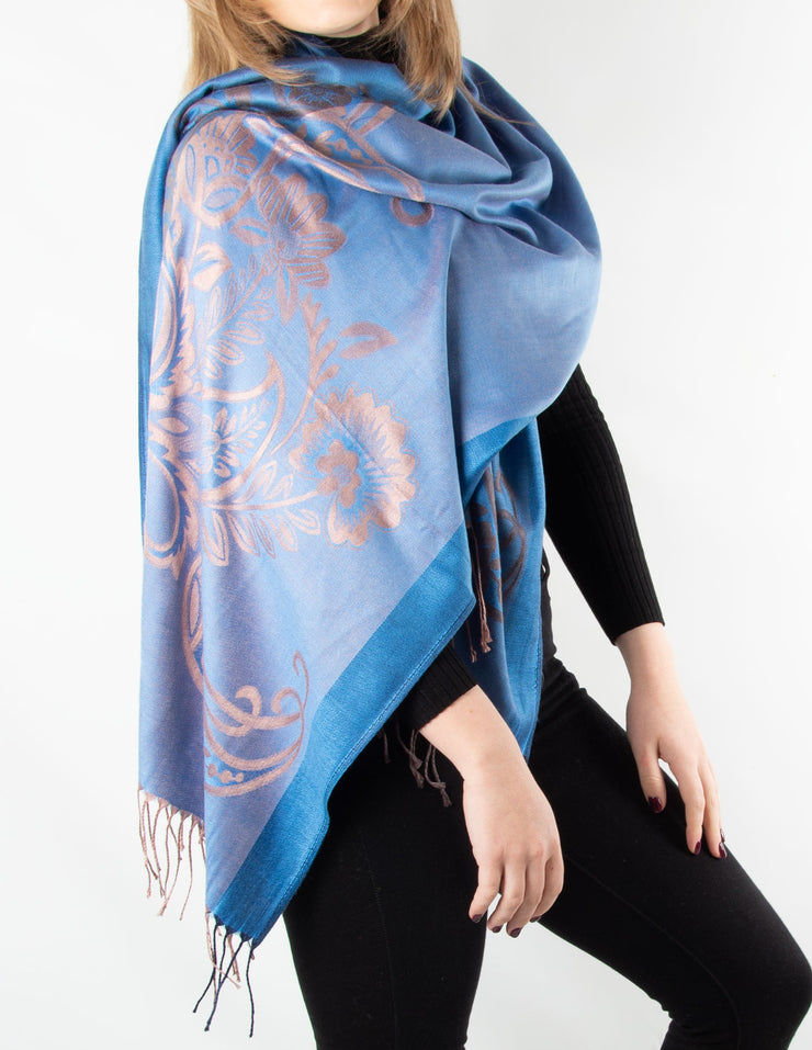 Patterned Pashmina Large Flower Details Blue And Rose Gold