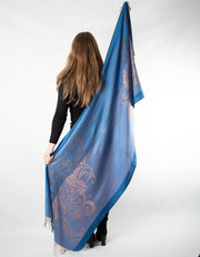 Patterned Pashmina Large Flower Details Blue And Rose Gold