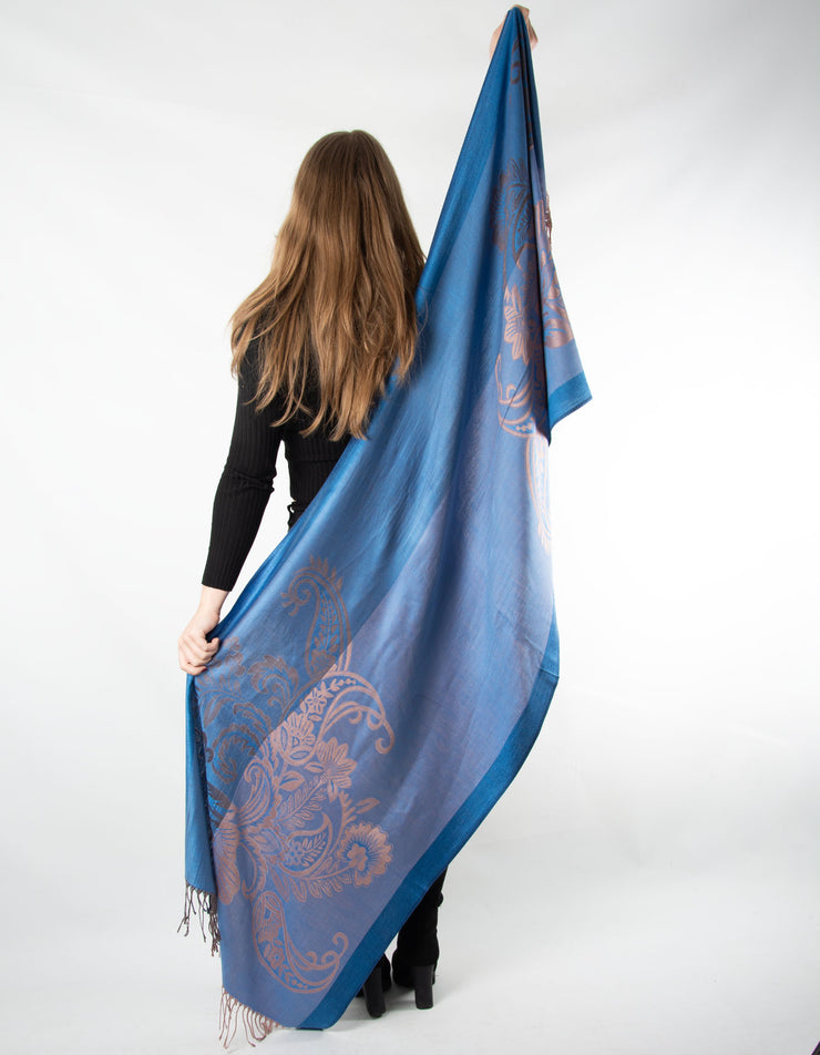 Patterned Pashmina Large Flower Details Blue And Rose Gold