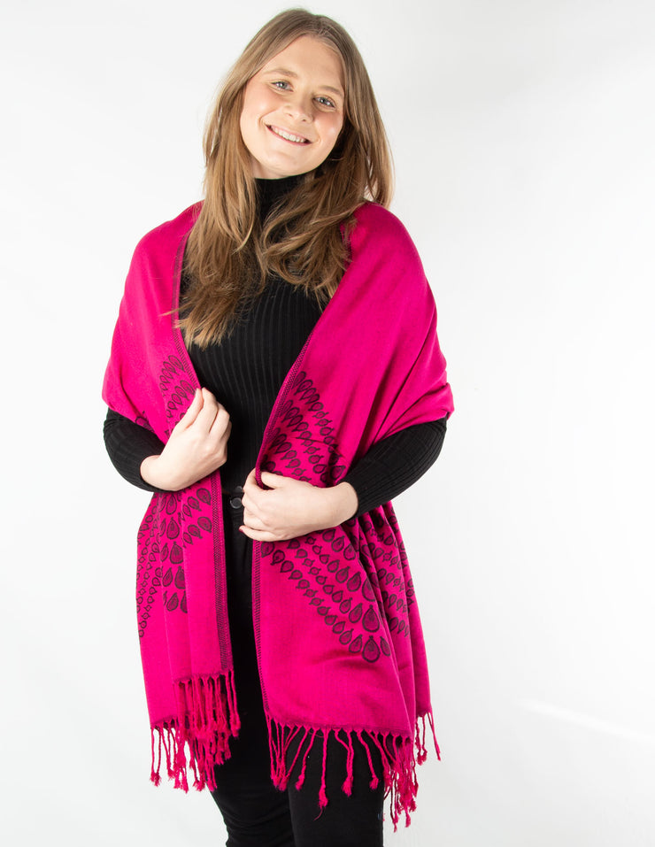 Peacock Print Edge Pattern Pashmina Hot Pink