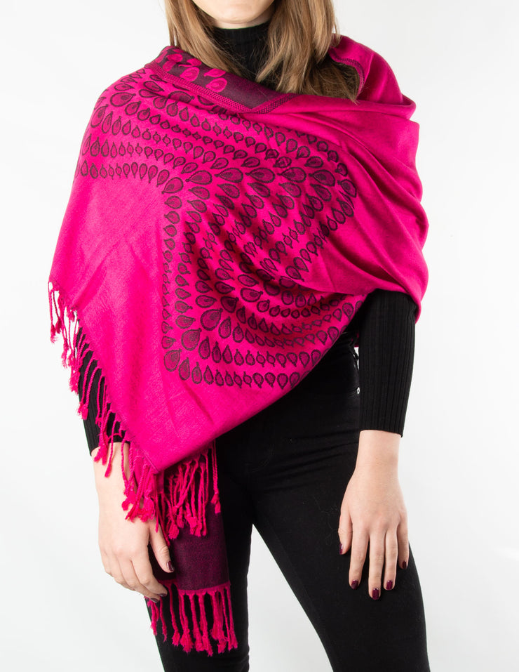 Peacock Print Edge Pattern Pashmina Hot Pink