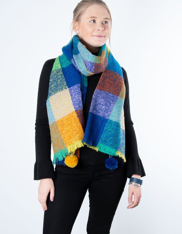 Pom Pom Check Scarf | Blue / Yellow