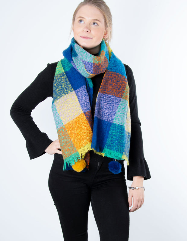 Pom Pom Check Scarf | Blue / Yellow