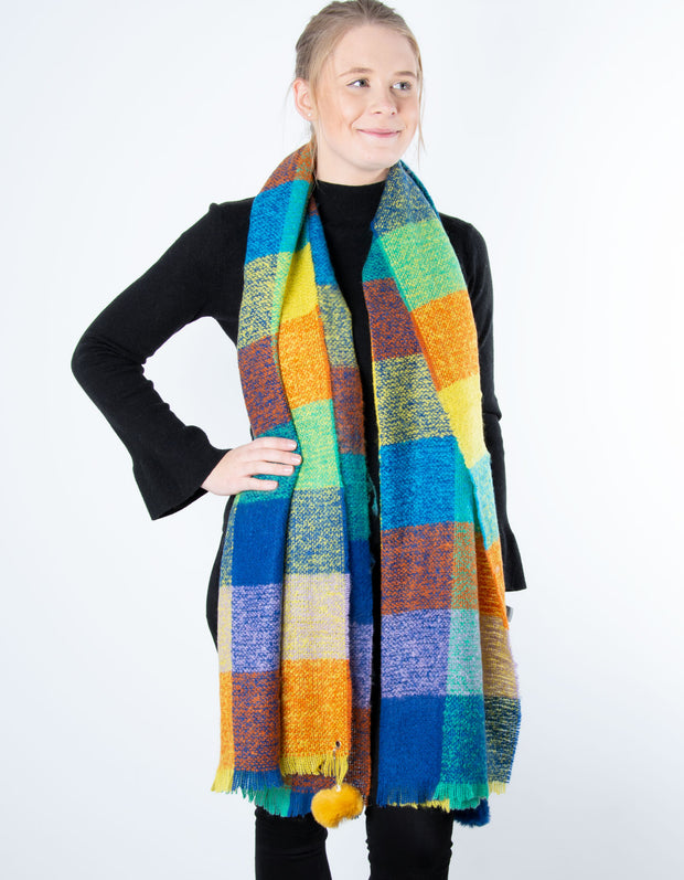 Pom Pom Check Scarf | Blue / Yellow