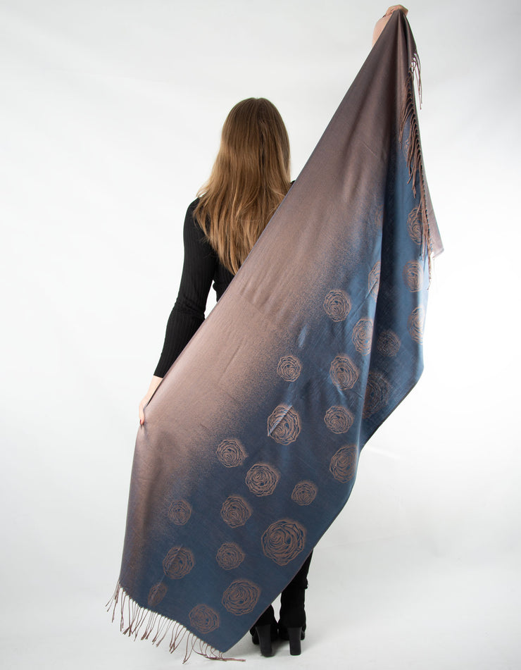 Roses Print Pattern Pashmina Blue And Bronze