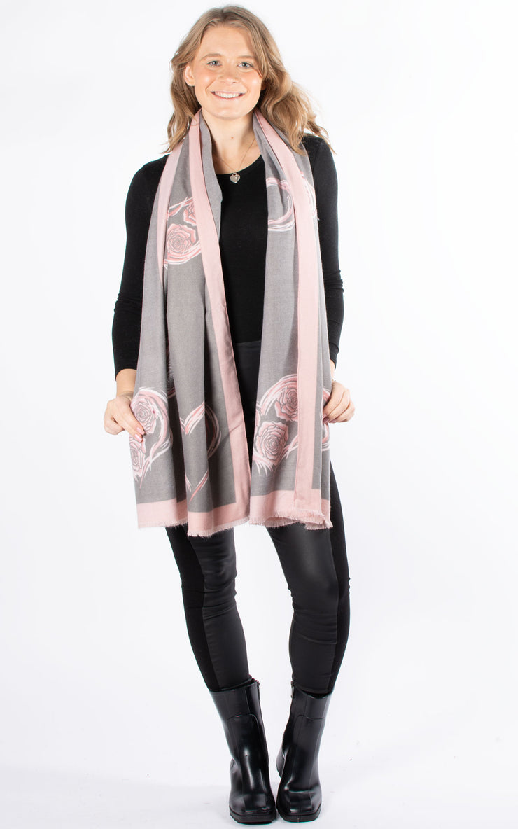 Scarf | Cashmere Mix Heart Print | Grey & Pink