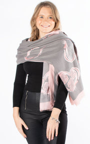 Scarf | Cashmere Mix Heart Print | Grey & Pink