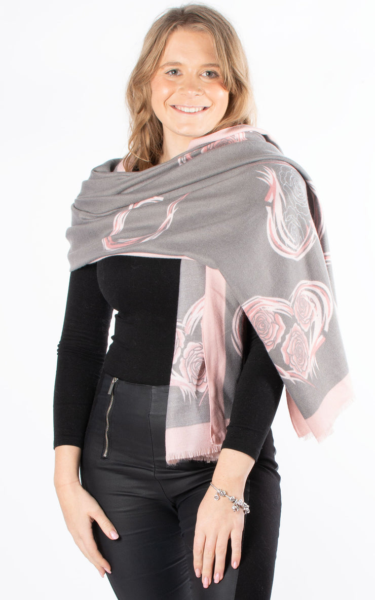 Scarf | Cashmere Mix Heart Print | Grey & Pink