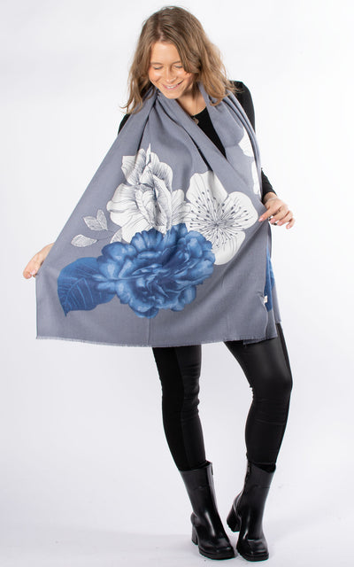 Scarf | Cashmere Mix Large Flowers | Blue