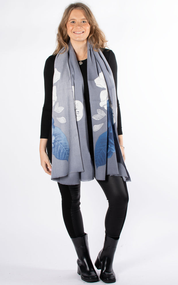 Scarf | Cashmere Mix Large Flowers | Blue