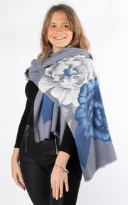 Scarf | Cashmere Mix Large Flowers | Blue