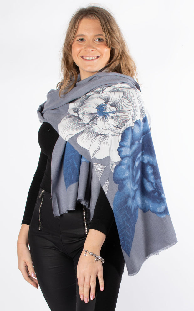 Scarf | Cashmere Mix Large Flowers | Blue
