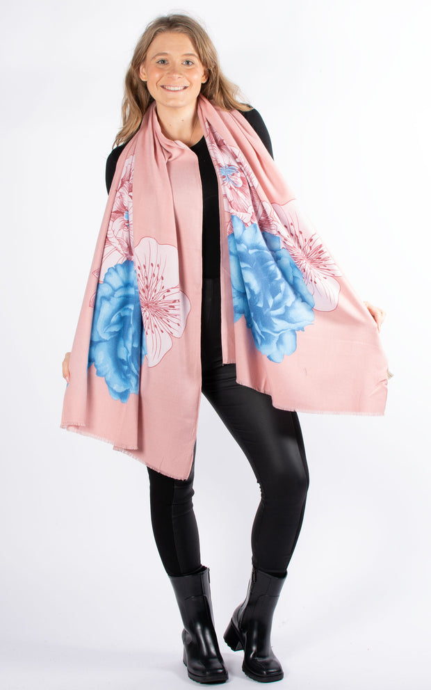 Scarf | Cashmere Mix Large Flowers | Pink