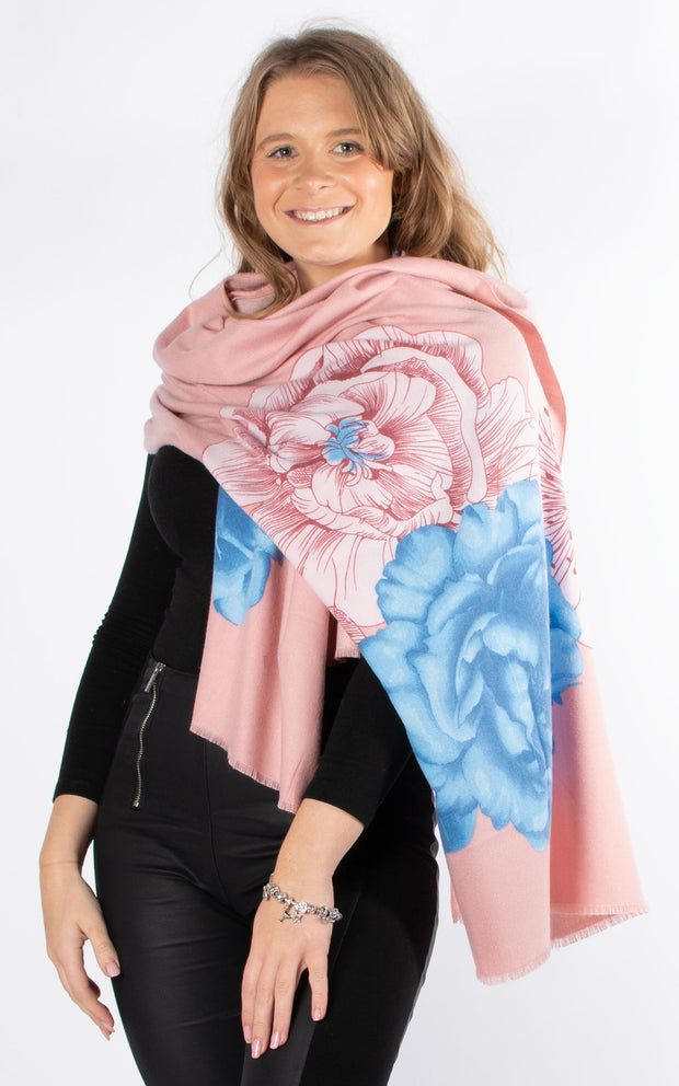 Scarf | Cashmere Mix Large Flowers | Pink
